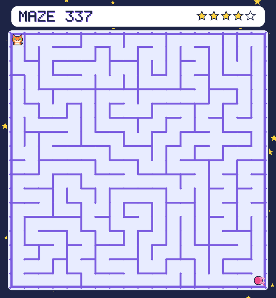 Maze 337. Pixel starts in the top-left corner. The ball of yarn is in the bottom-right corner.