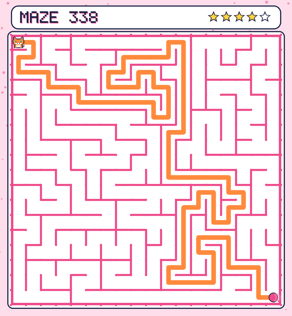 The solved maze 338 with the route drawn as an orange line.