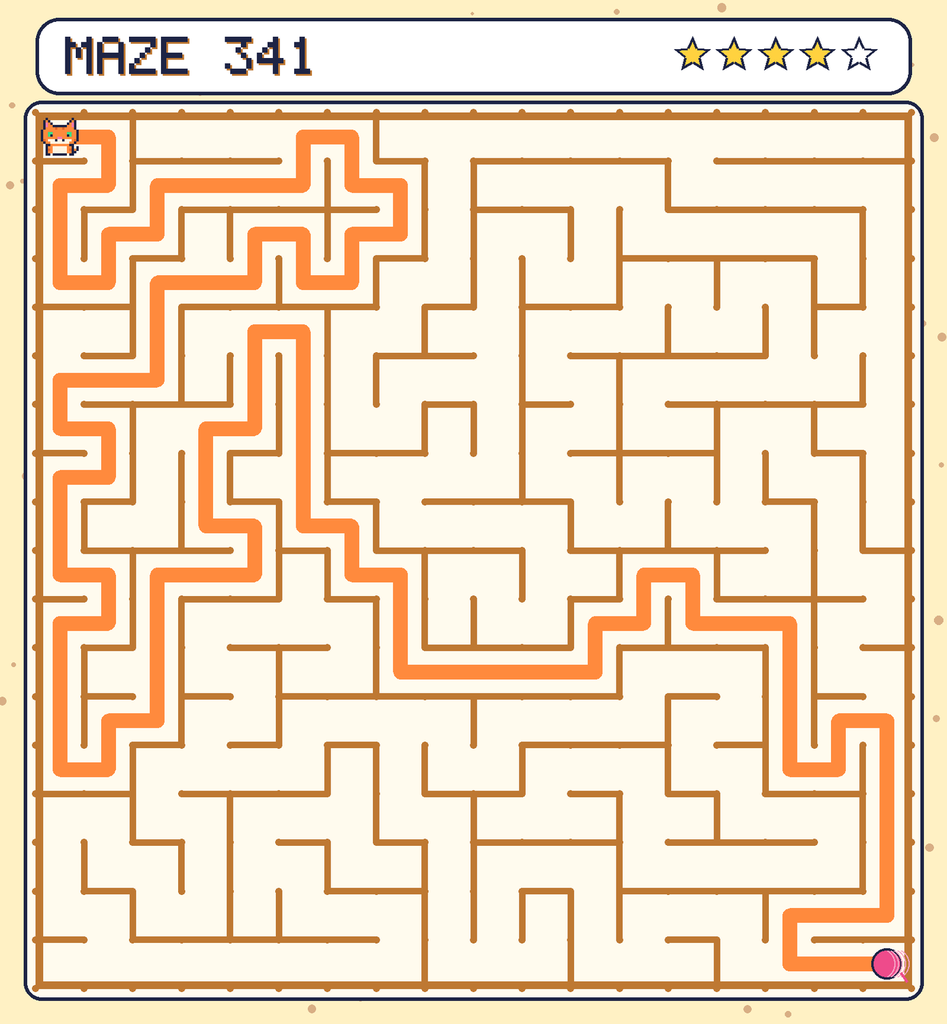 The solved maze 341 with the route drawn as an orange line.