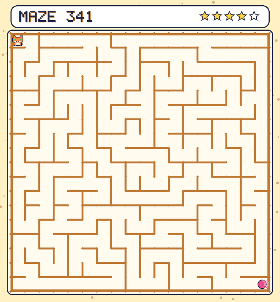 Maze 341. Pixel starts in the top-left corner. The ball of yarn is in the bottom-right corner.