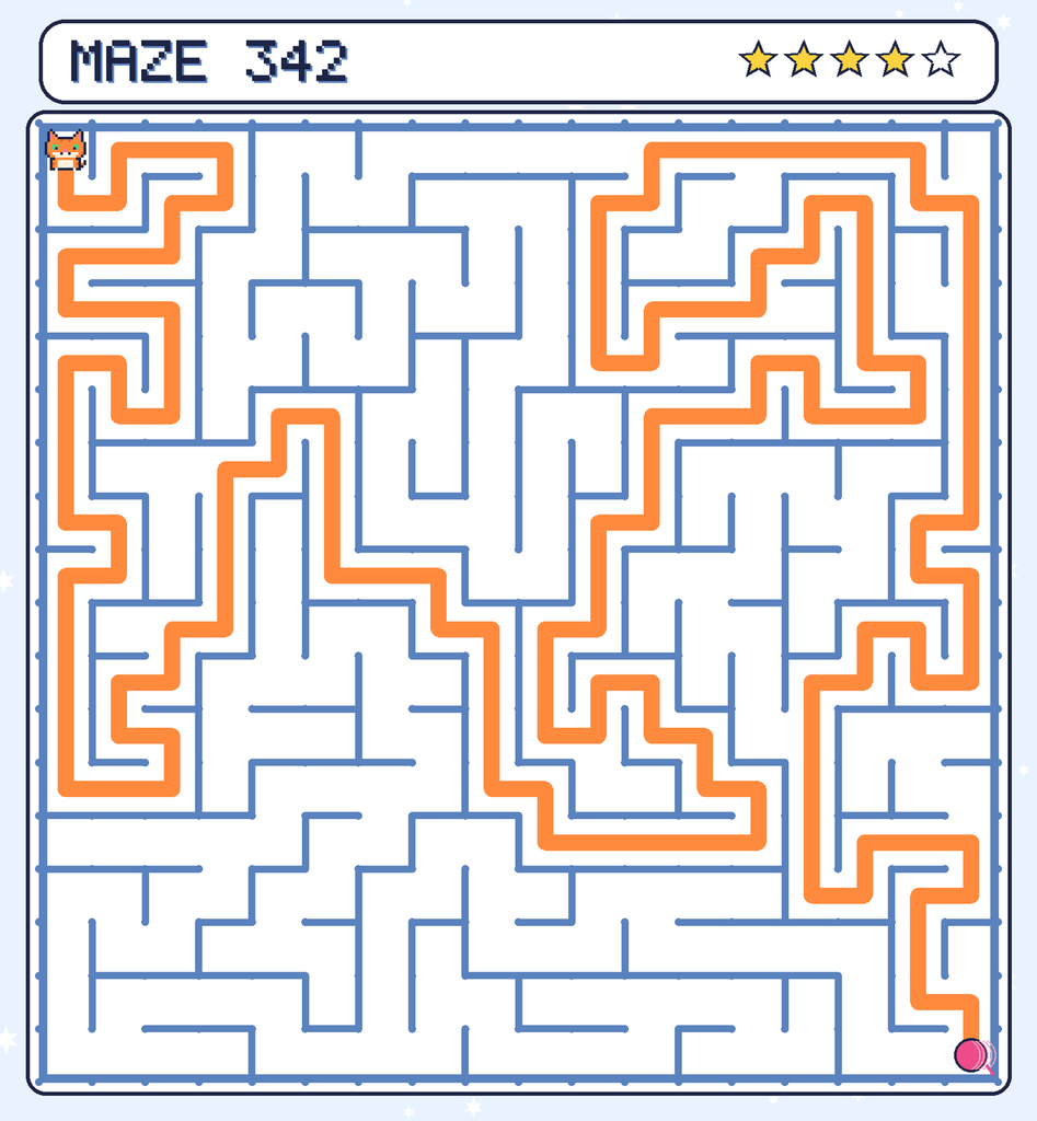 The solved maze 342 with the route drawn as an orange line.