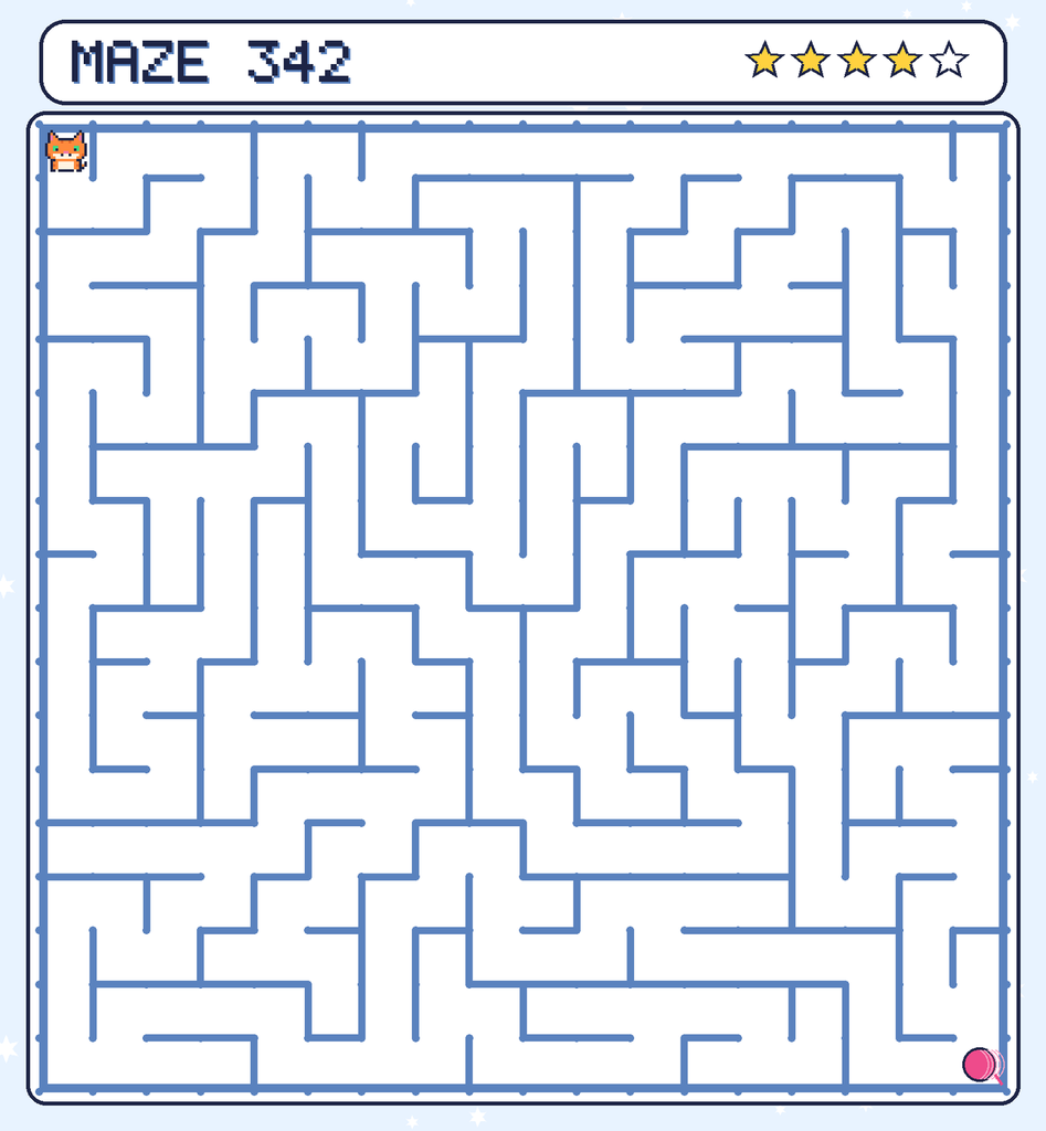 Maze 342. Pixel starts in the top-left corner. The ball of yarn is in the bottom-right corner.