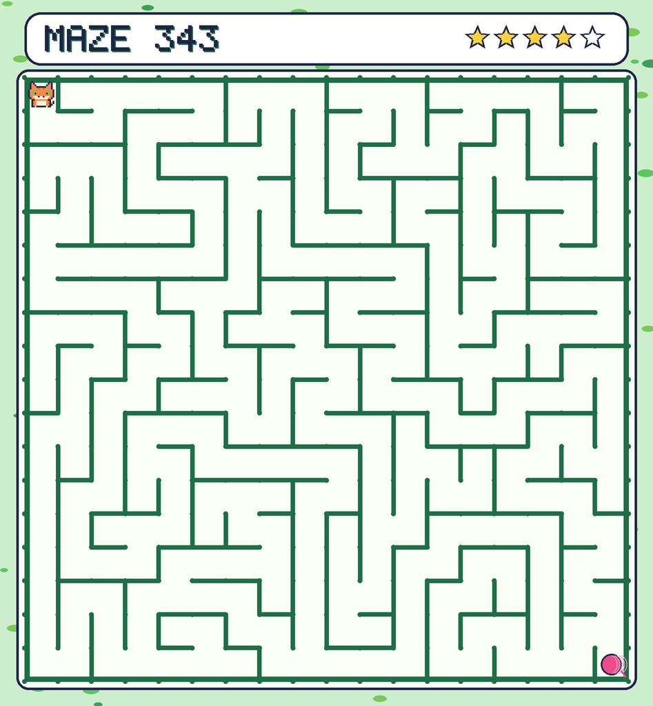 Maze 343. Pixel starts in the top-left corner. The ball of yarn is in the bottom-right corner.