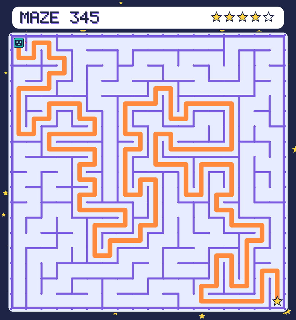 The solved maze 345 with the route drawn as an orange line.