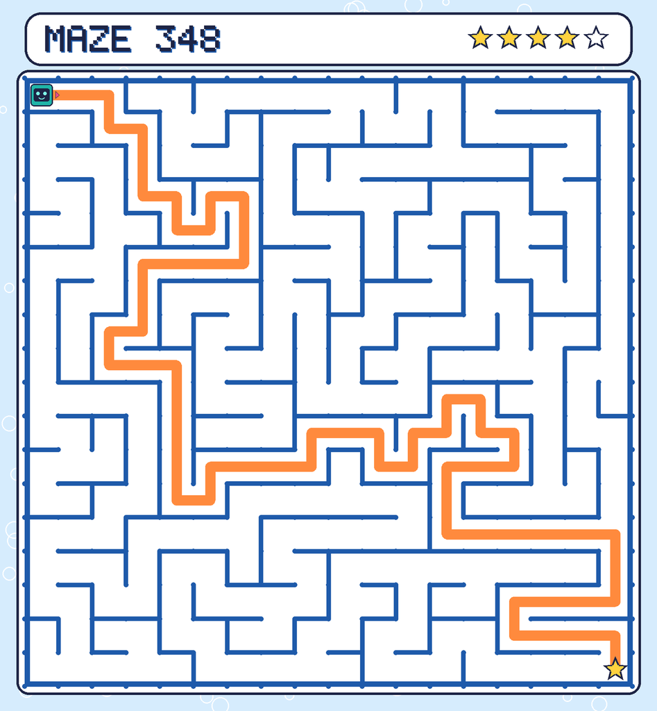 The solved maze 348 with the route drawn as an orange line.