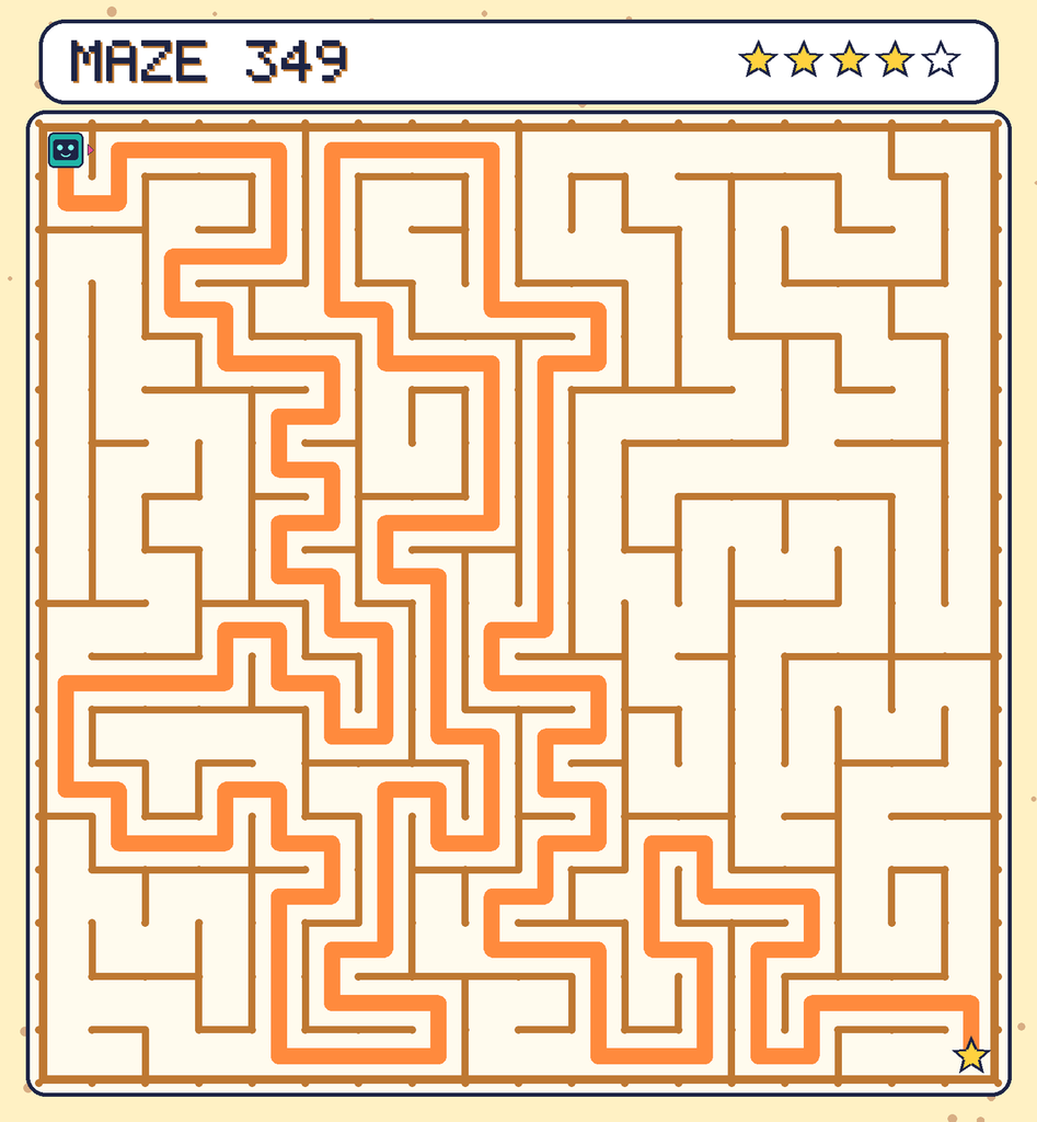 The solved maze 349 with the route drawn as an orange line.