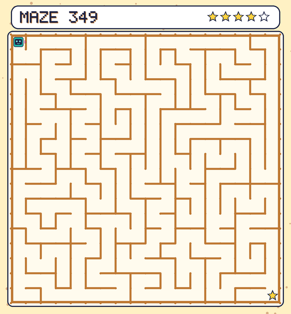 Maze 349. Beep starts in the top-left corner. The gold star is in the bottom-right corner.