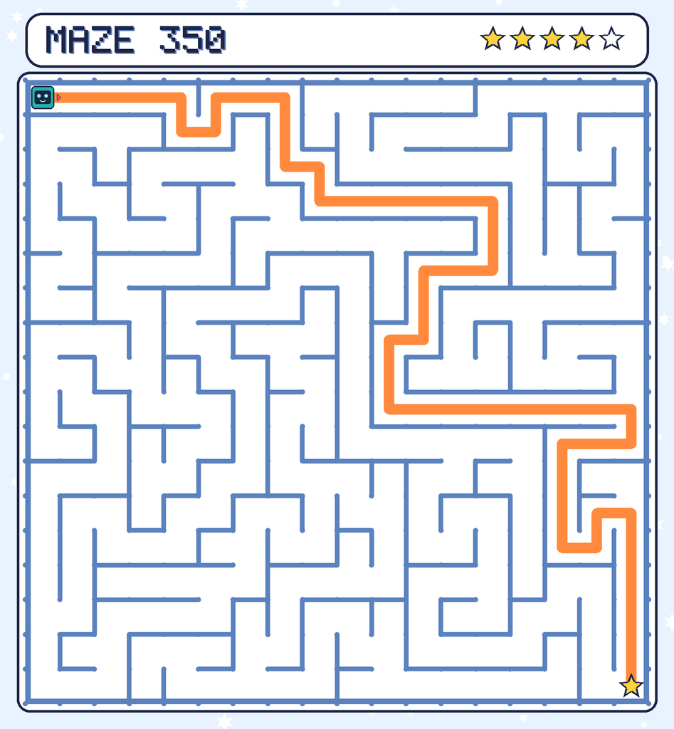The solved maze 350 with the route drawn as an orange line.