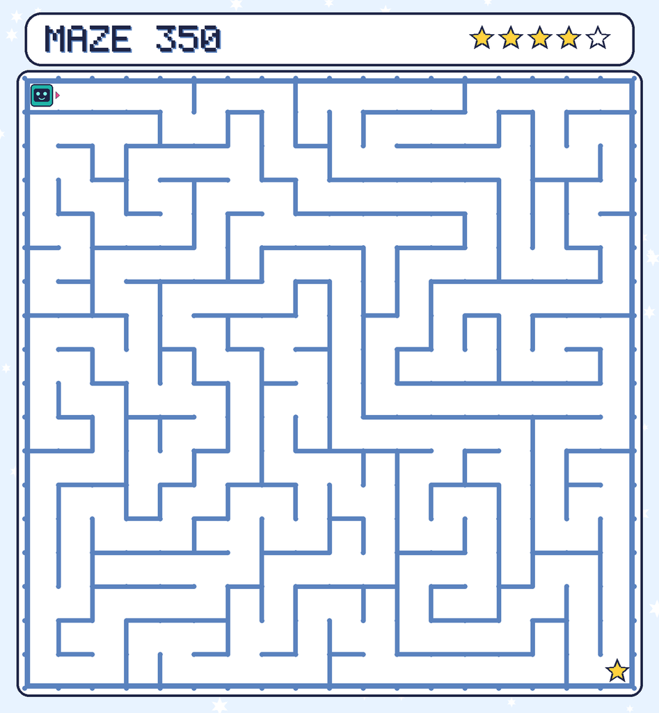 Maze 350. Beep starts in the top-left corner. The gold star is in the bottom-right corner.