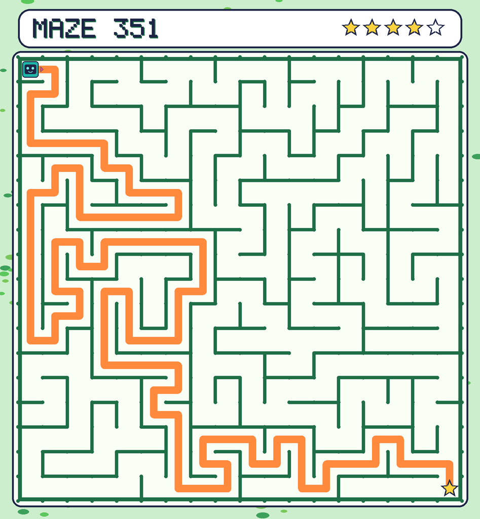 The solved maze 351 with the route drawn as an orange line.