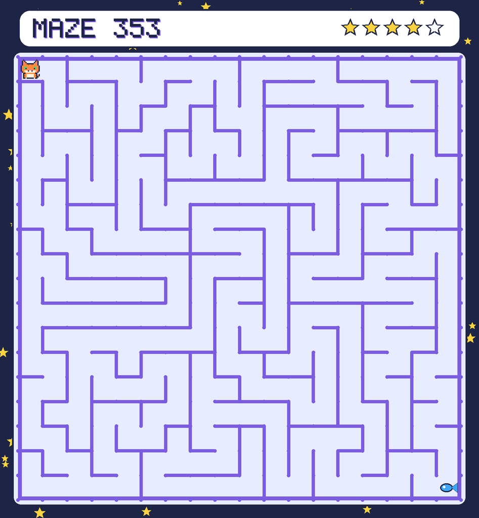 Maze 353. Pixel starts in the top-left corner. The fish is in the bottom-right corner.