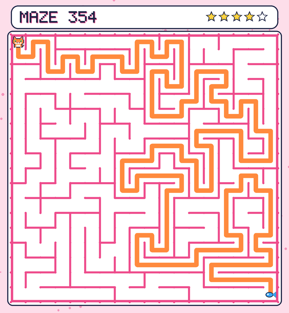 The solved maze 354 with the route drawn as an orange line.