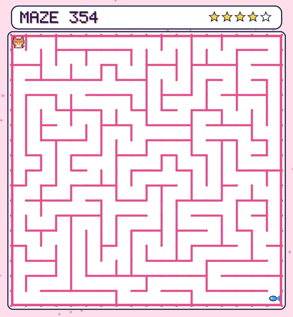 Maze 354. Pixel starts in the top-left corner. The fish is in the bottom-right corner.