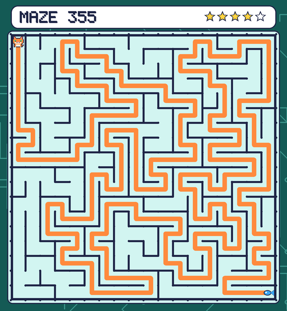 The solved maze 355 with the route drawn as an orange line.