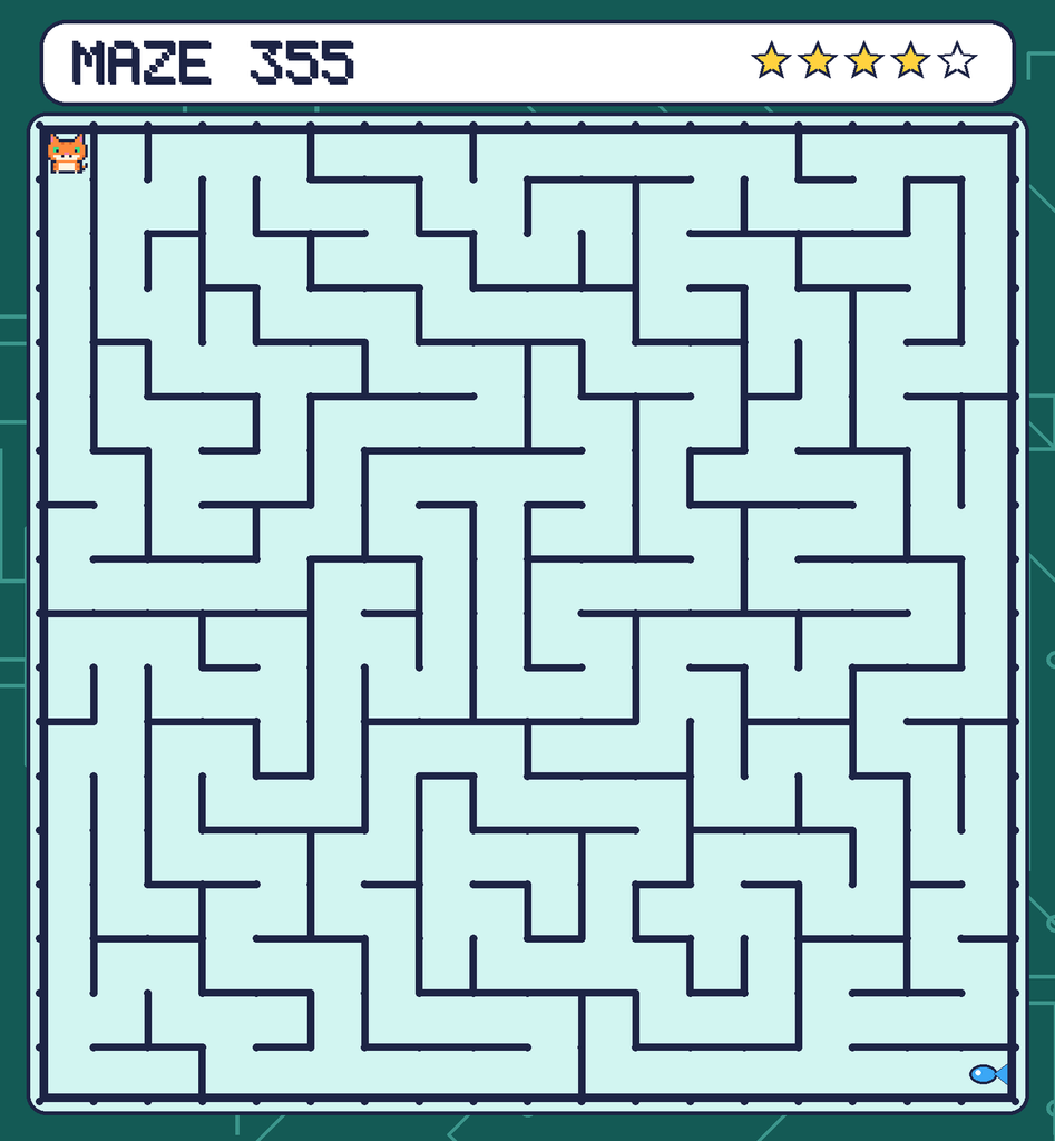 Maze 355. Pixel starts in the top-left corner. The fish is in the bottom-right corner.