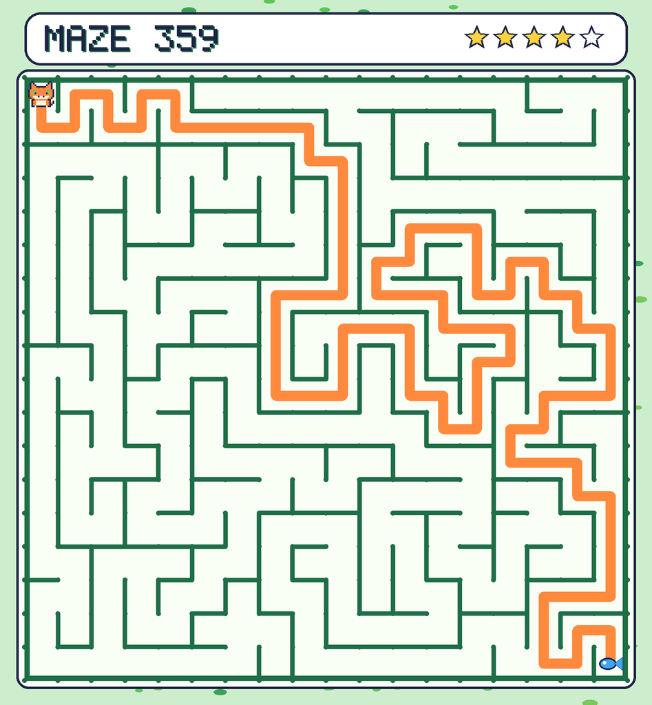 The solved maze 359 with the route drawn as an orange line.