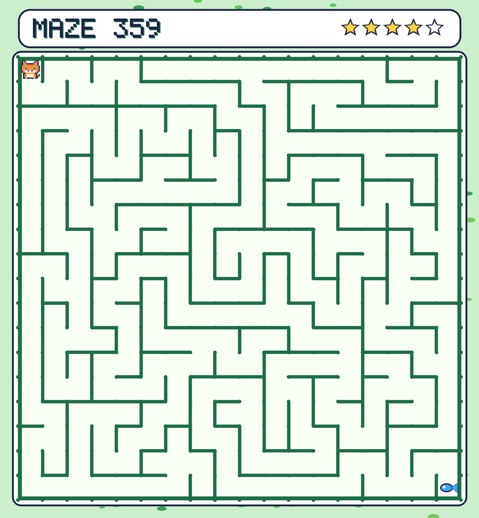 Maze 359. Pixel starts in the top-left corner. The fish is in the bottom-right corner.