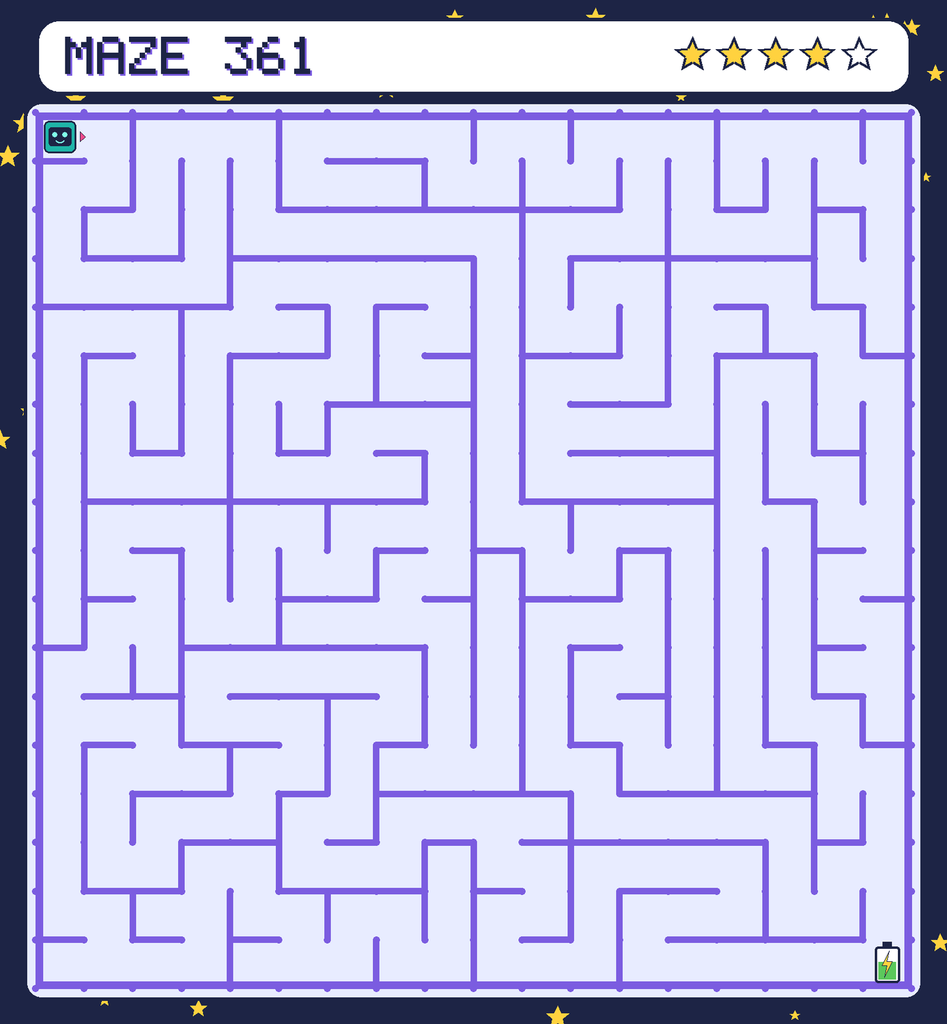Maze 361. Beep starts in the top-left corner. The battery is in the bottom-right corner.