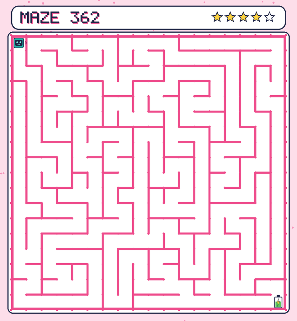 Maze 362. Beep starts in the top-left corner. The battery is in the bottom-right corner.
