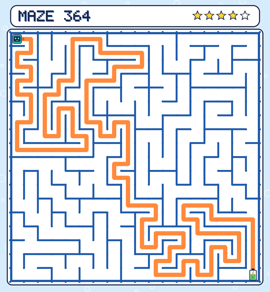 The solved maze 364 with the route drawn as an orange line.
