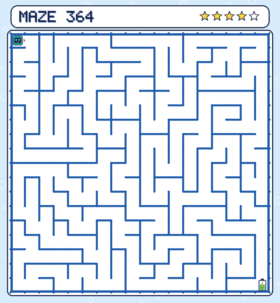 Maze 364. Beep starts in the top-left corner. The battery is in the bottom-right corner.