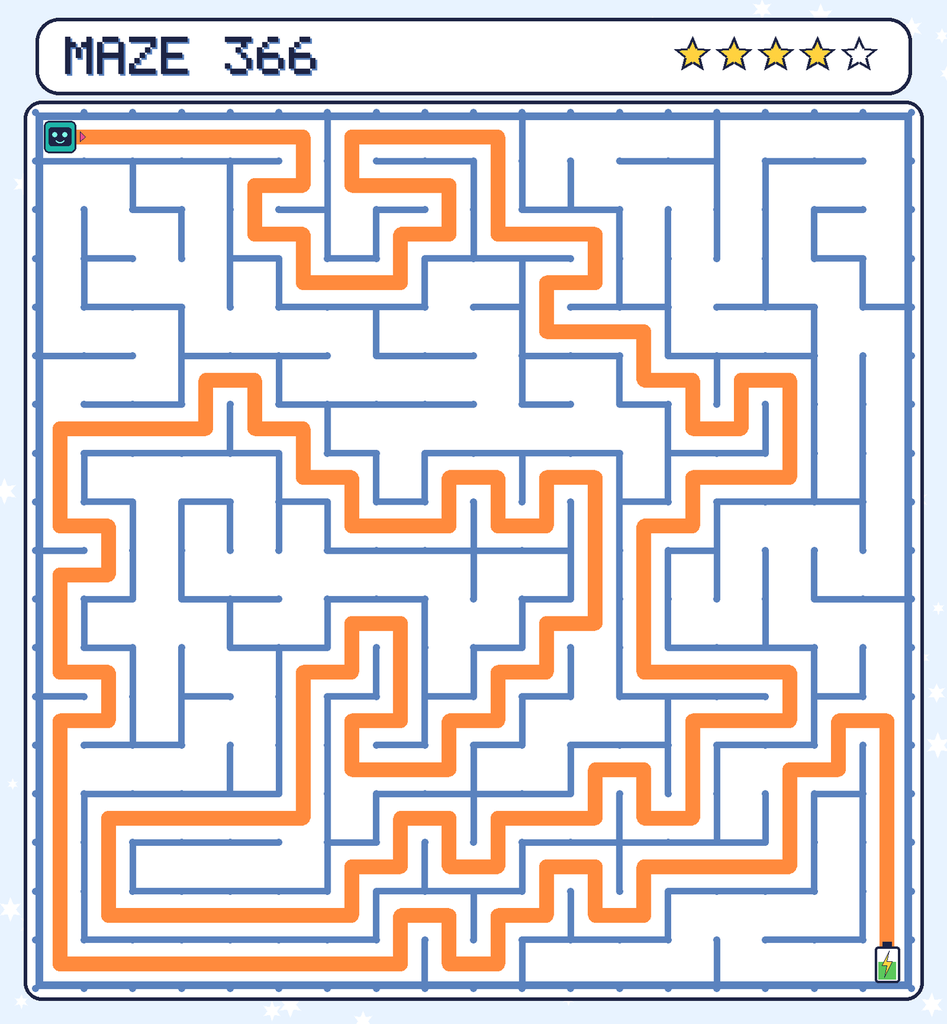 The solved maze 366 with the route drawn as an orange line.