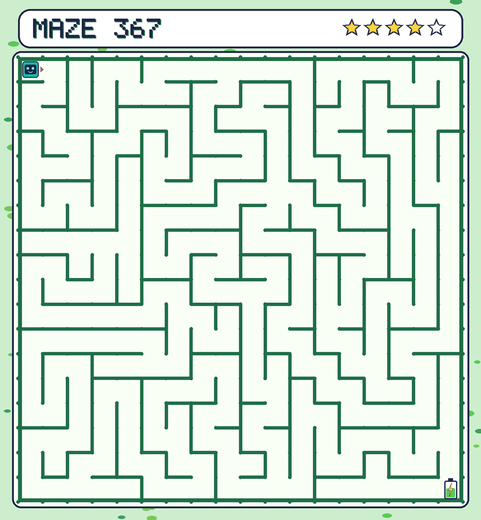 Maze 367. Beep starts in the top-left corner. The battery is in the bottom-right corner.