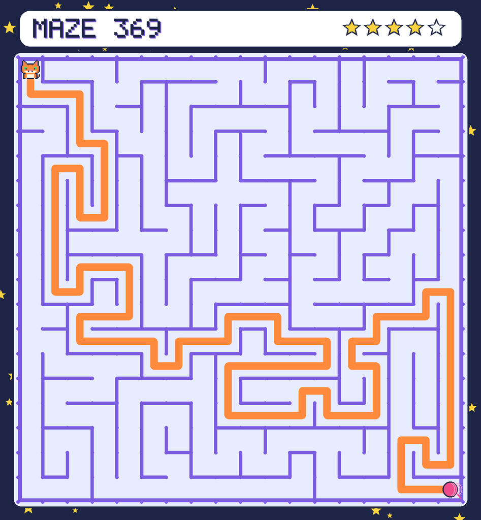 The solved maze 369 with the route drawn as an orange line.