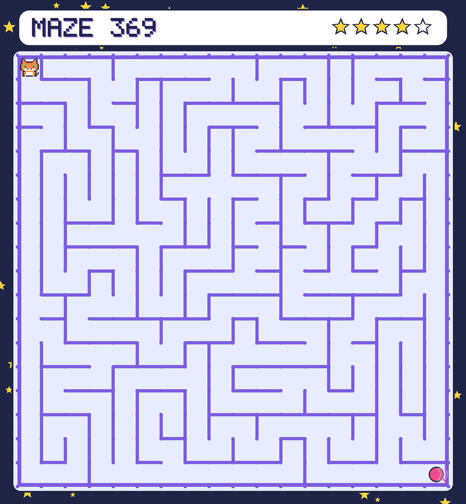 Maze 369. Pixel starts in the top-left corner. The ball of yarn is in the bottom-right corner.