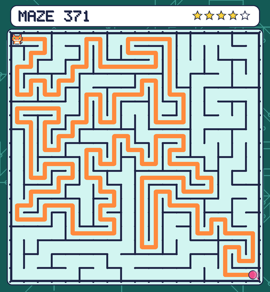 The solved maze 371 with the route drawn as an orange line.