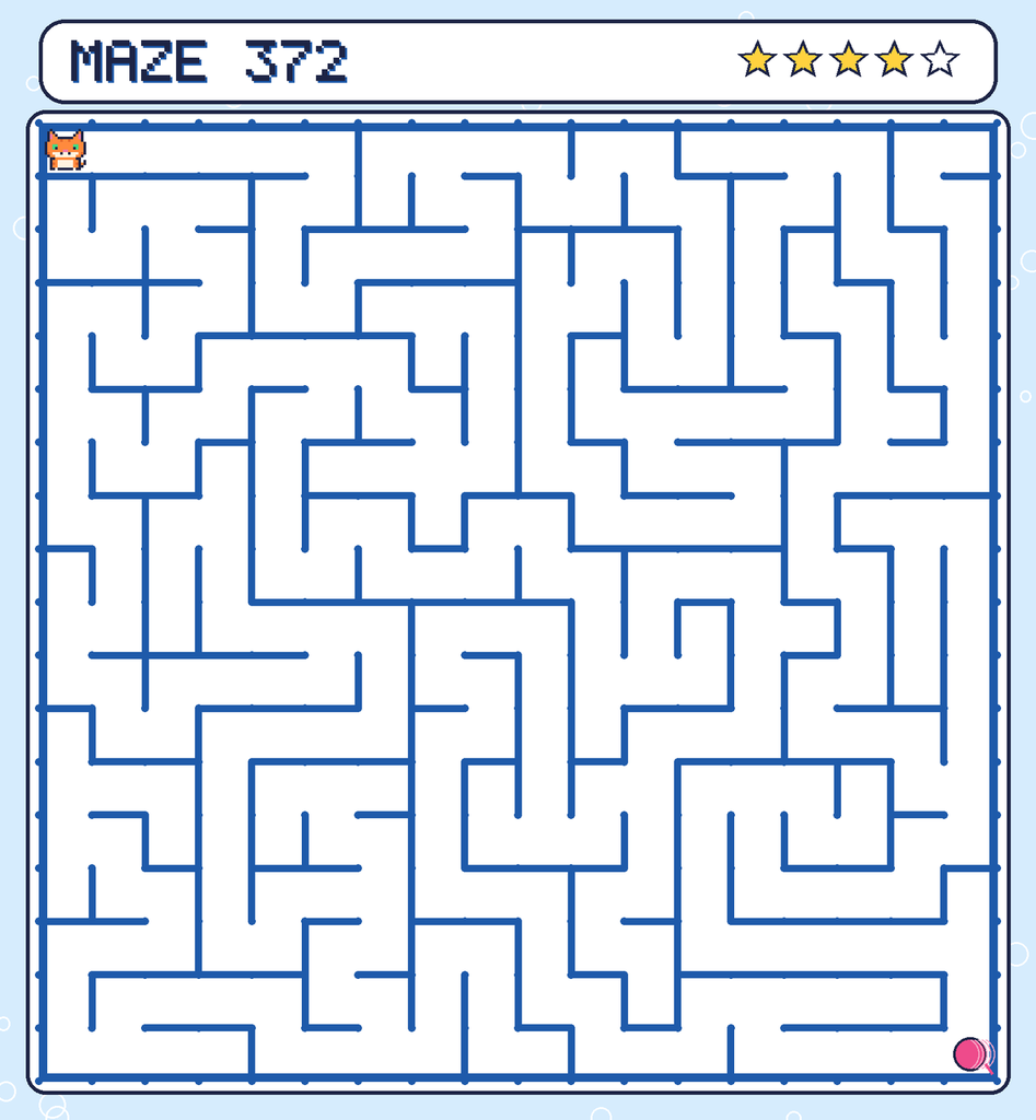 Maze 372. Pixel starts in the top-left corner. The ball of yarn is in the bottom-right corner.