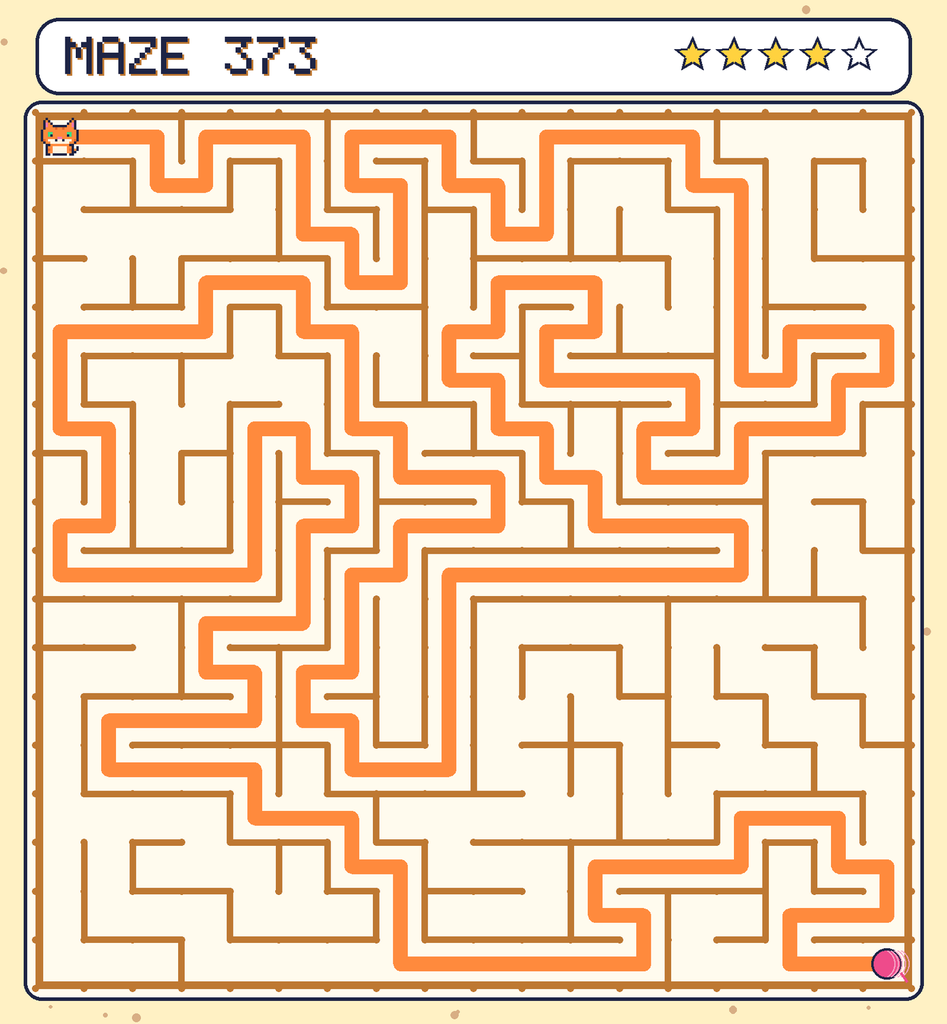 The solved maze 373 with the route drawn as an orange line.
