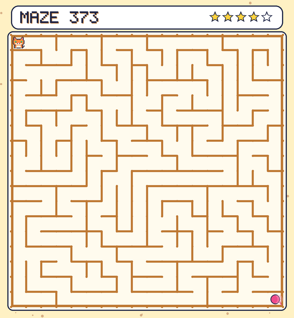 Maze 373. Pixel starts in the top-left corner. The ball of yarn is in the bottom-right corner.