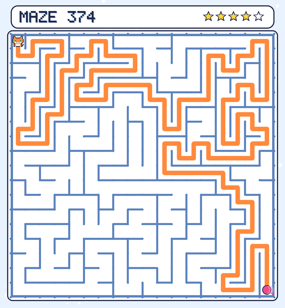 The solved maze 374 with the route drawn as an orange line.