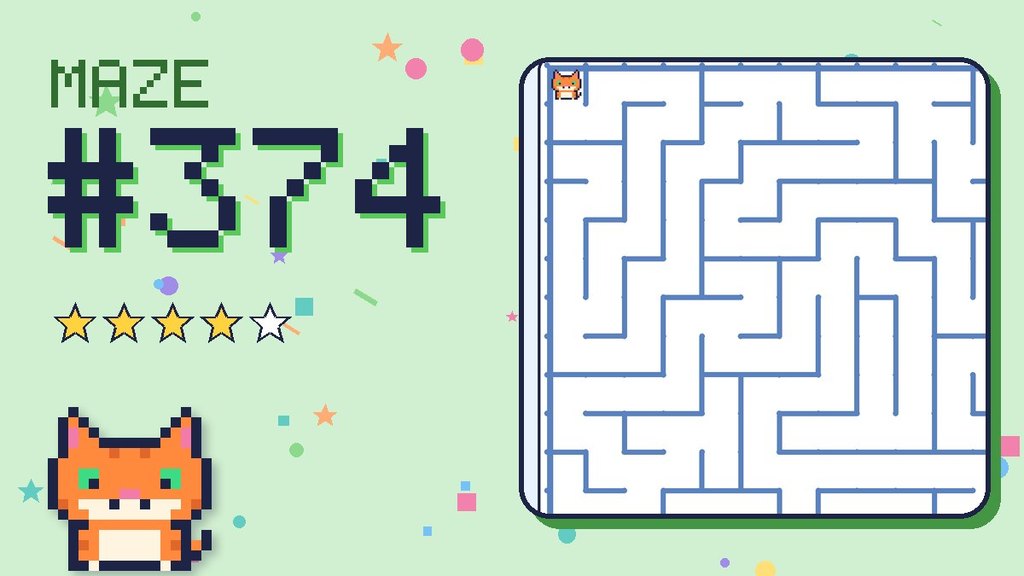 Maze 374 card: a corner of the snowy mountain maze with Pixel
