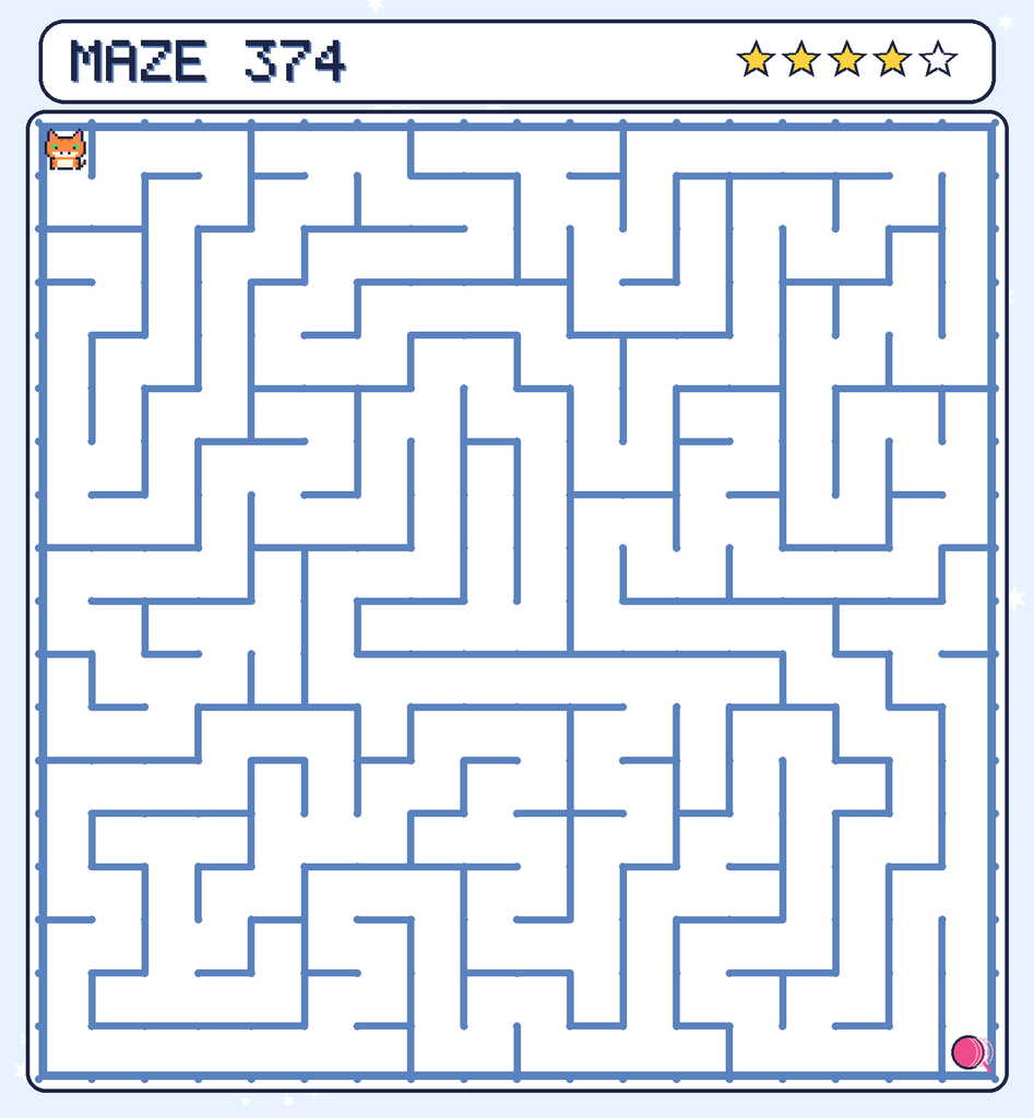 Maze 374. Pixel starts in the top-left corner. The ball of yarn is in the bottom-right corner.