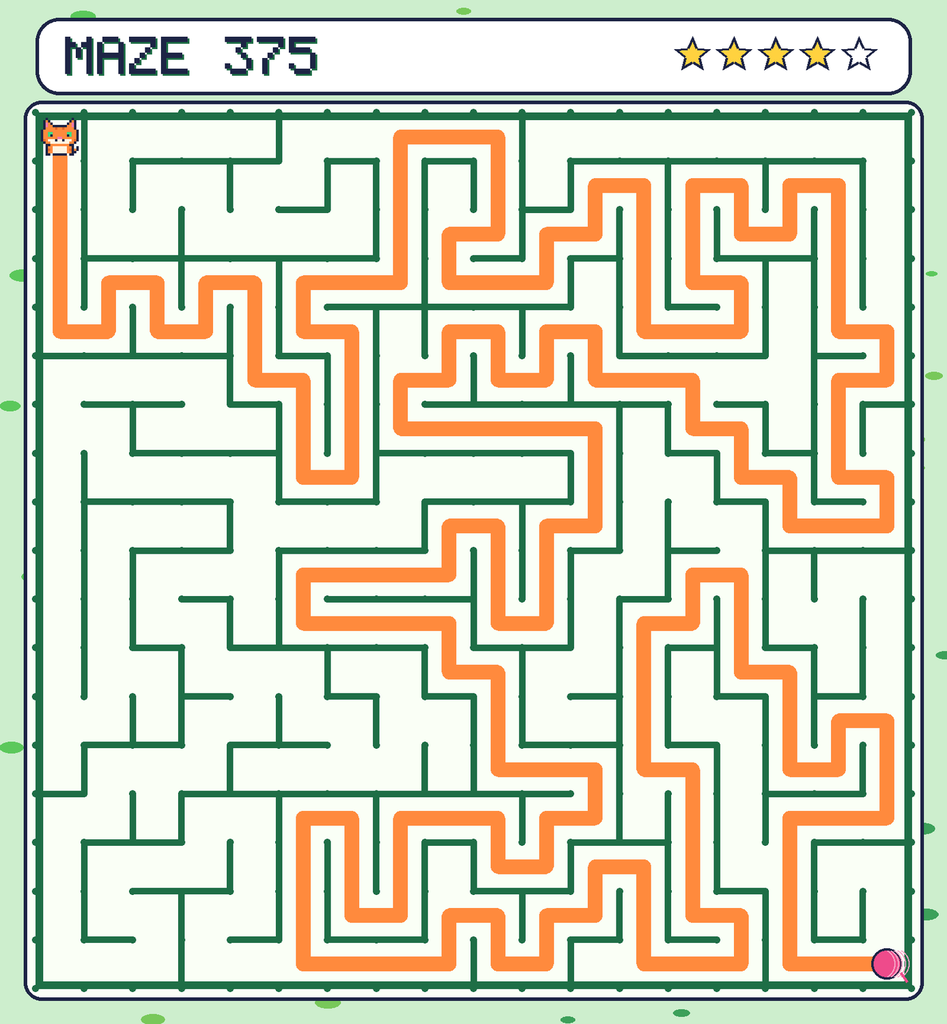 The solved maze 375 with the route drawn as an orange line.