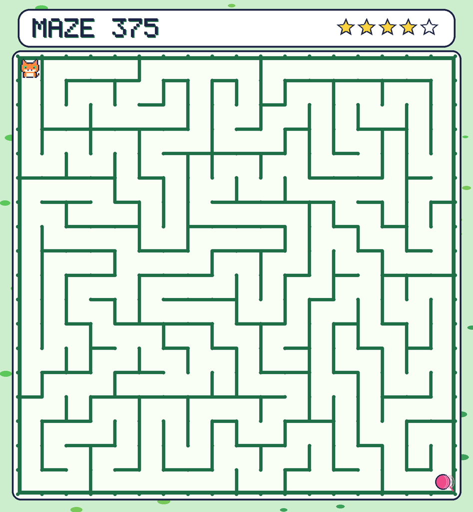 Maze 375. Pixel starts in the top-left corner. The ball of yarn is in the bottom-right corner.
