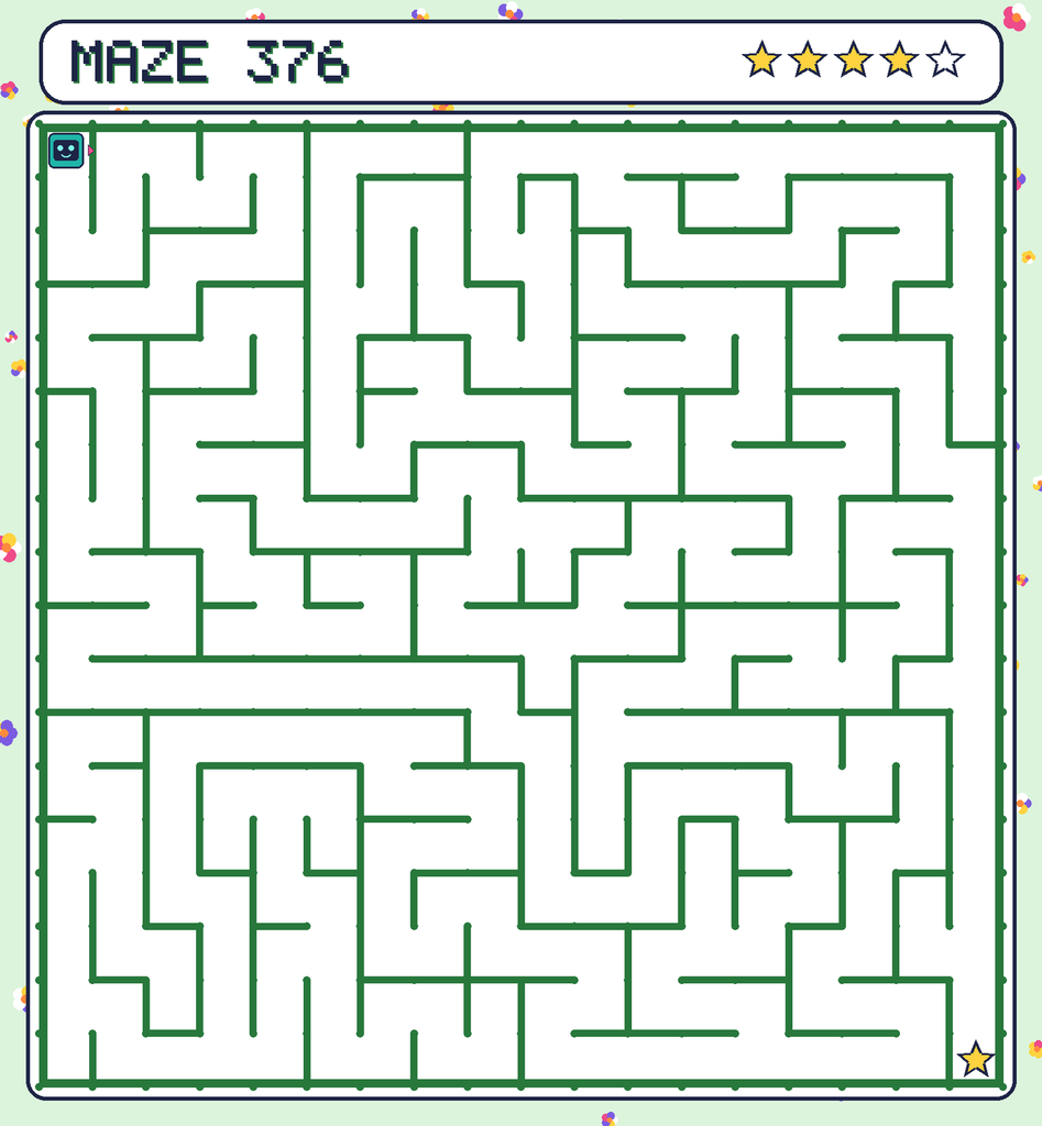 Maze 376. Beep starts in the top-left corner. The gold star is in the bottom-right corner.