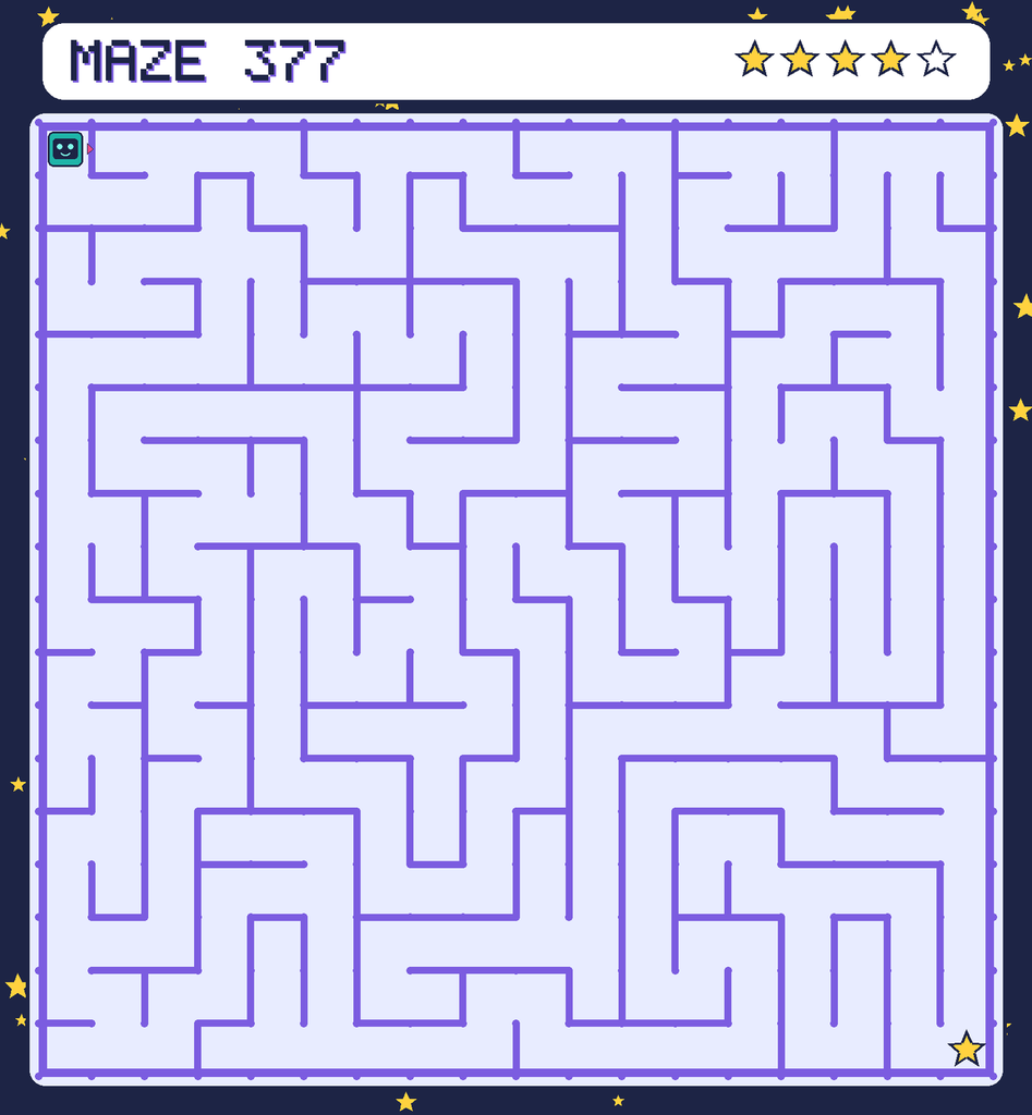 Maze 377. Beep starts in the top-left corner. The gold star is in the bottom-right corner.