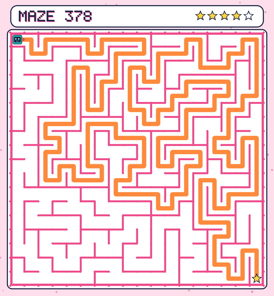The solved maze 378 with the route drawn as an orange line.