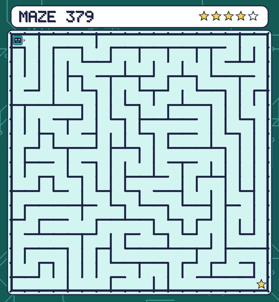 Maze 379. Beep starts in the top-left corner. The gold star is in the bottom-right corner.