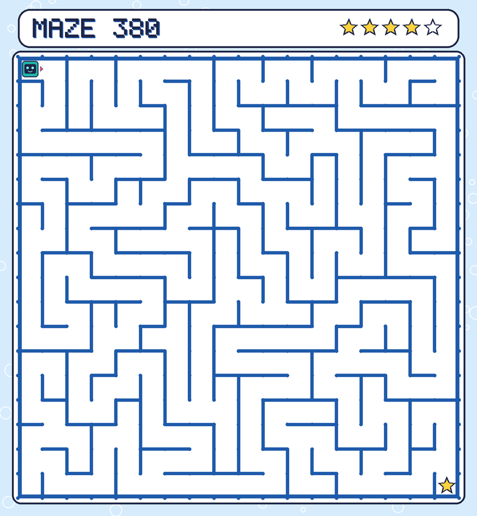 Maze 380. Beep starts in the top-left corner. The gold star is in the bottom-right corner.