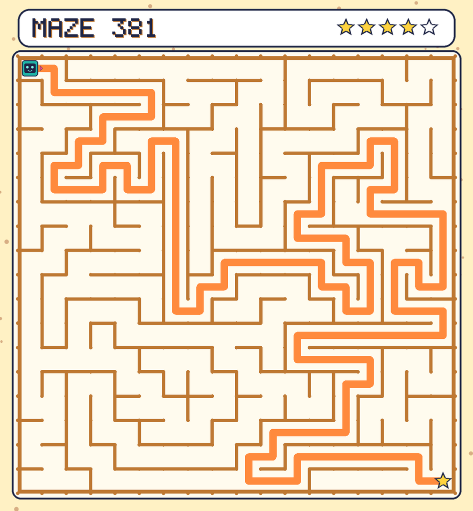 The solved maze 381 with the route drawn as an orange line.