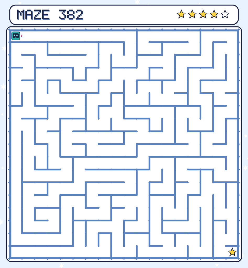 Maze 382. Beep starts in the top-left corner. The gold star is in the bottom-right corner.