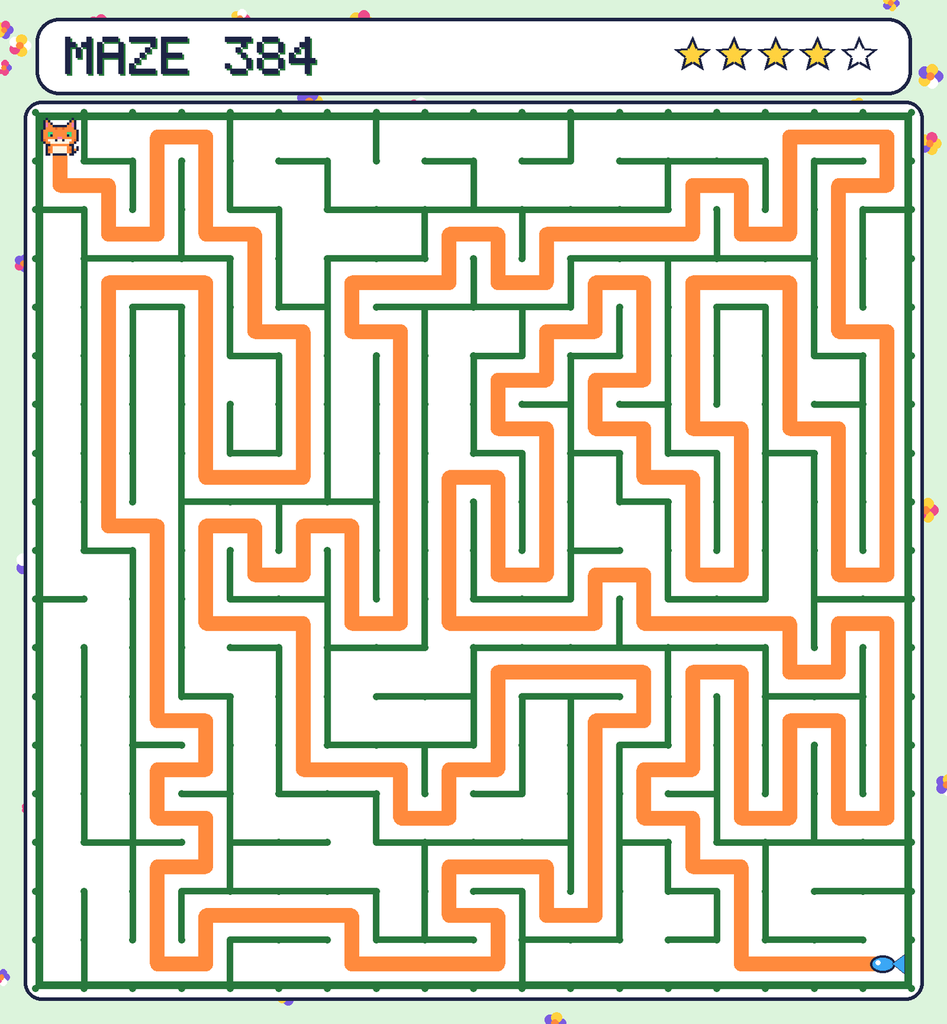 The solved maze 384 with the route drawn as an orange line.