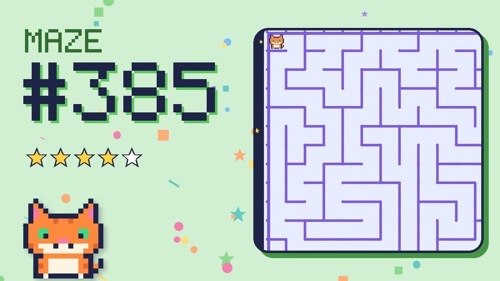 Maze 385 card: a corner of the space station maze with Pixel
