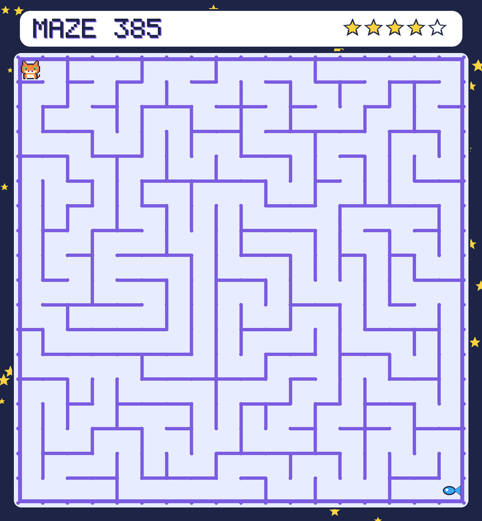 Maze 385. Pixel starts in the top-left corner. The fish is in the bottom-right corner.