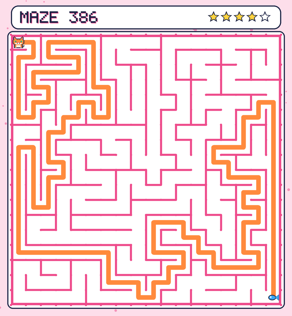 The solved maze 386 with the route drawn as an orange line.
