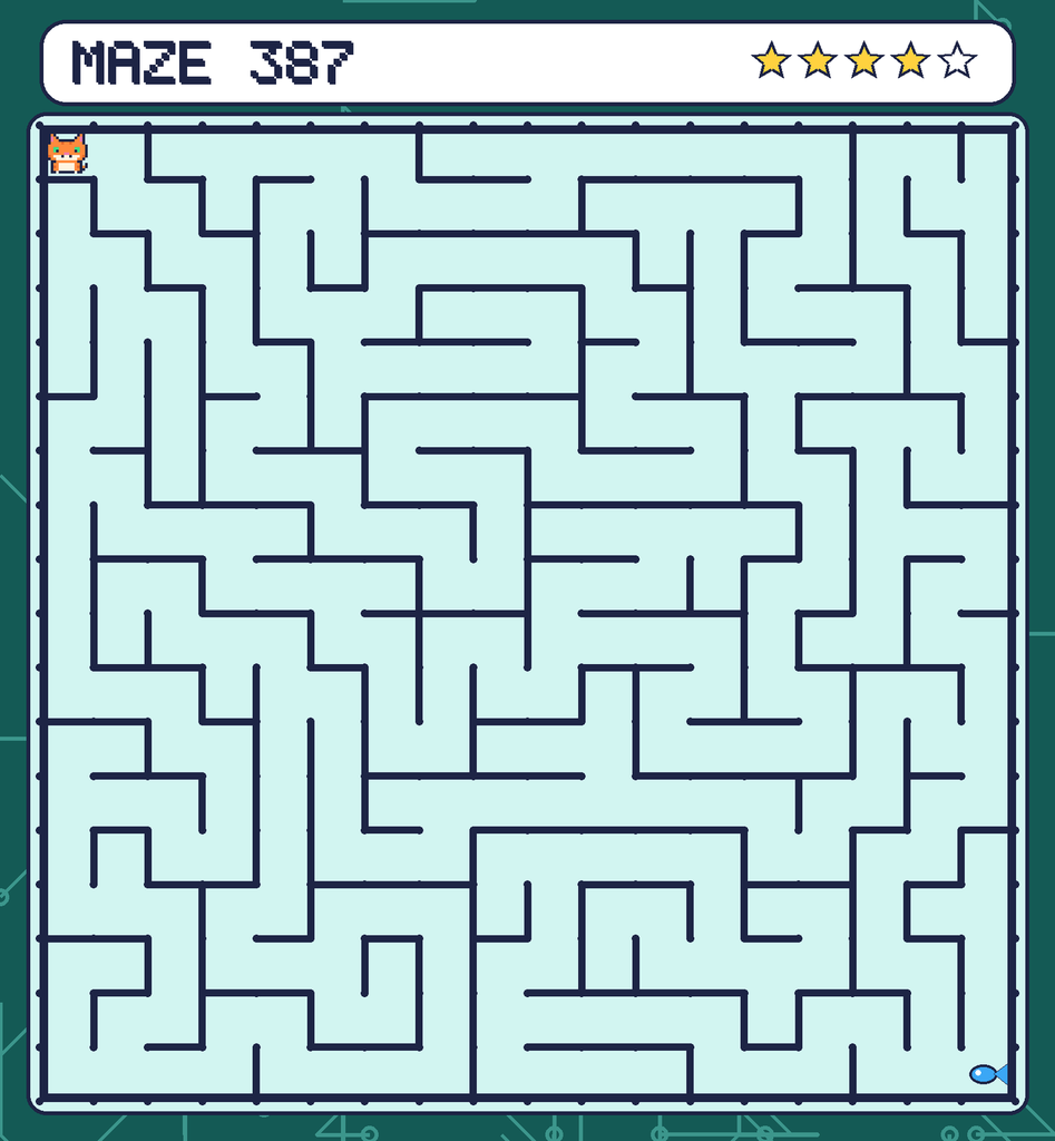 Maze 387. Pixel starts in the top-left corner. The fish is in the bottom-right corner.